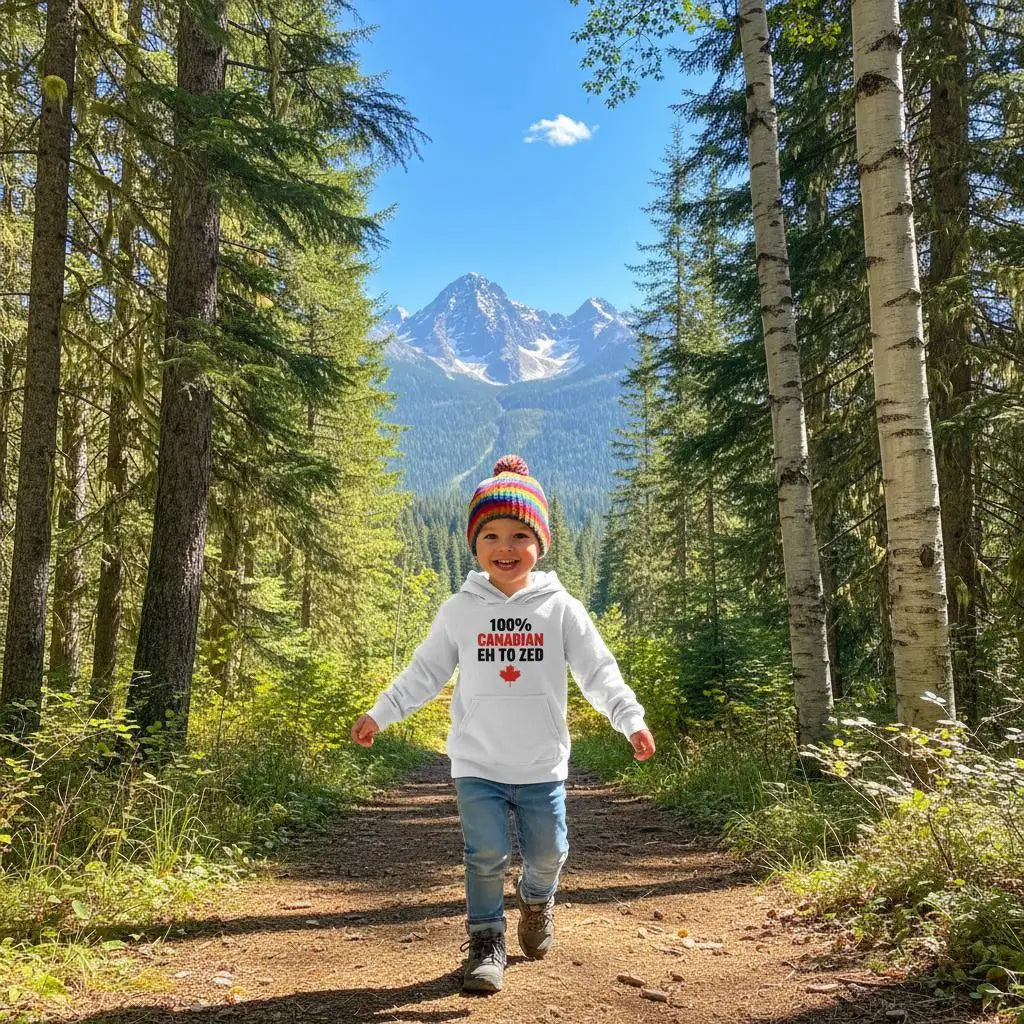 Child in forest wearing white Kids Classic hoodie with 100% Canadian eh to zed and red maple leaf