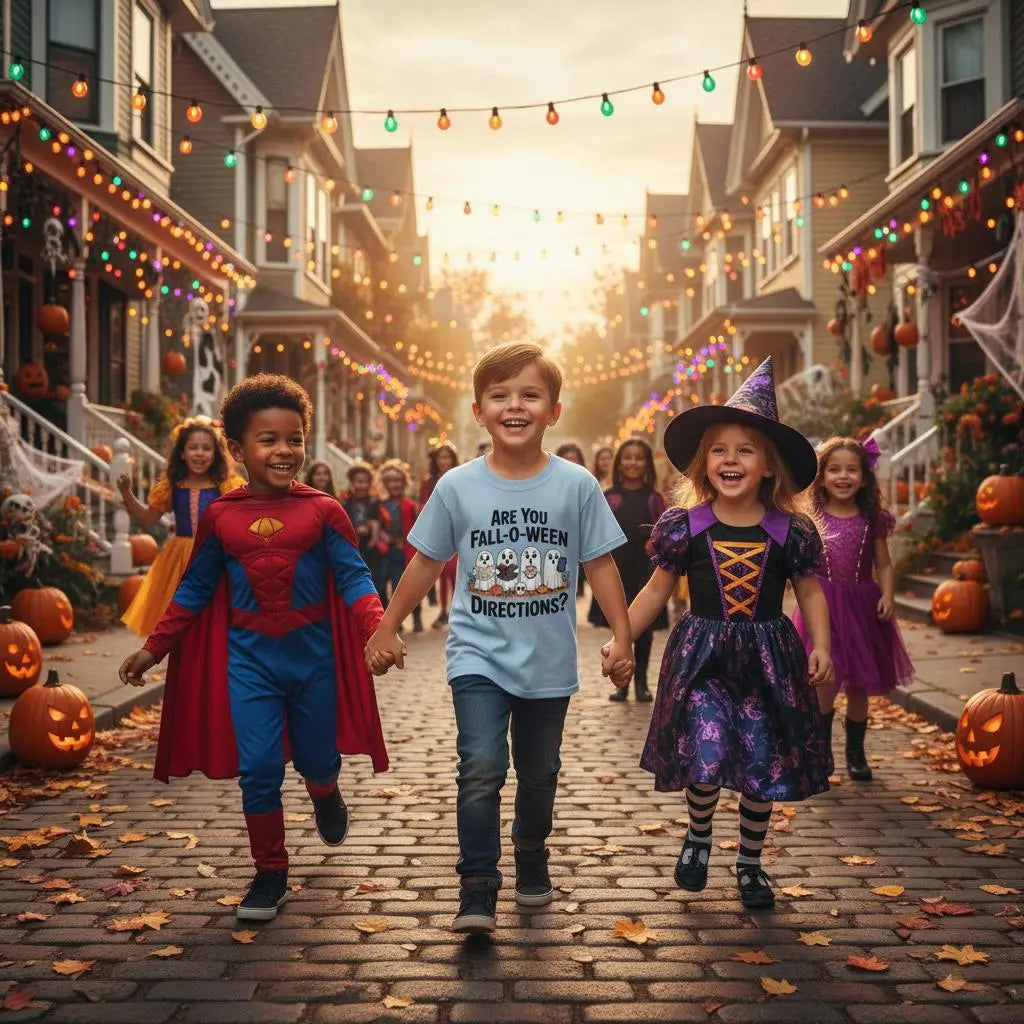 Kids blue t-shirt with are you fall-o-ween directions ghosts graphic