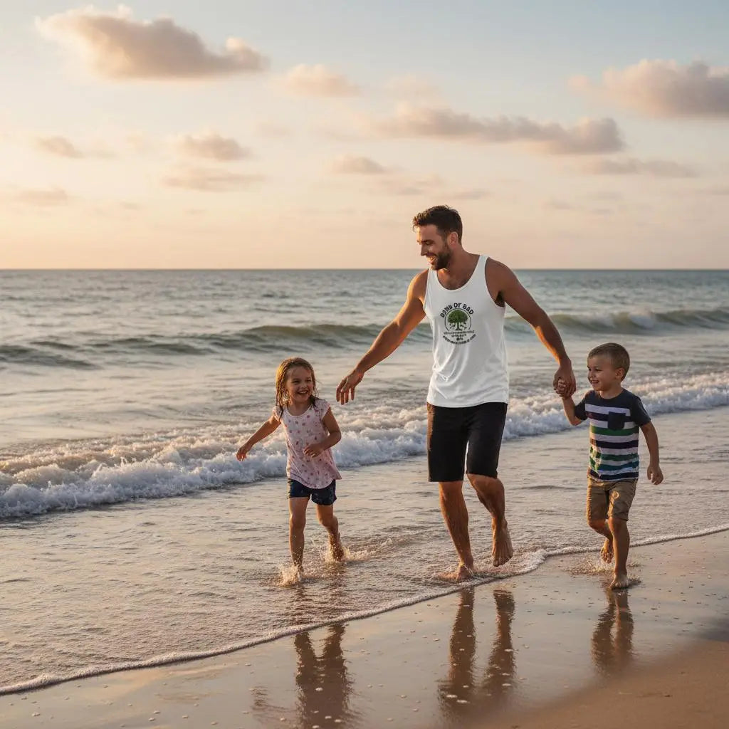 Man in white tank top with green tree logo and text, from Men’s Heavy Cotton collection