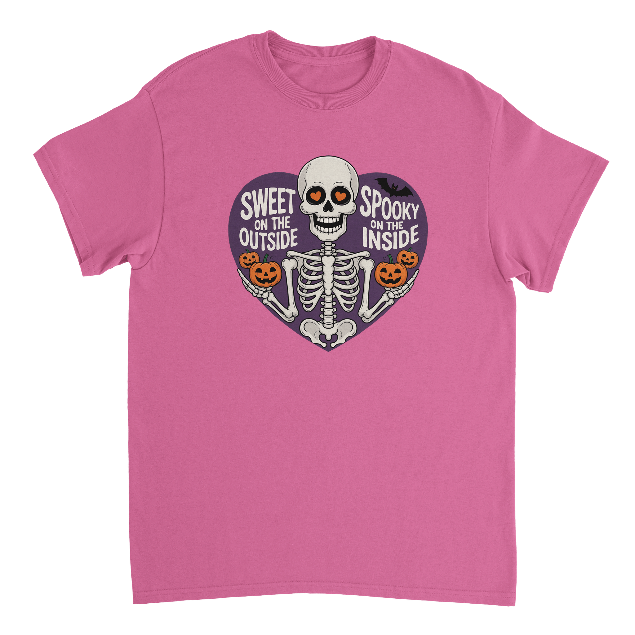 Sweet on the Outside, Spooky on the Inside Skeleton T-Shirt – Heart Eyes & Pumpkins, Heavyweight Cotton Tee - KPAP Canada