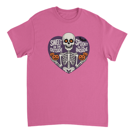 Sweet on the Outside, Spooky on the Inside Skeleton T-Shirt – Heart Eyes & Pumpkins, Heavyweight Cotton Tee - KPAP Canada