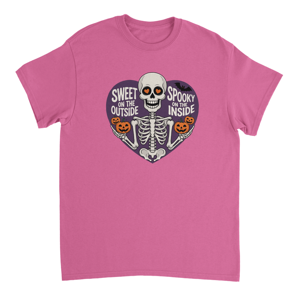 Sweet on the Outside, Spooky on the Inside Skeleton T-Shirt – Heart Eyes & Pumpkins, Heavyweight Cotton Tee - KPAP Canada