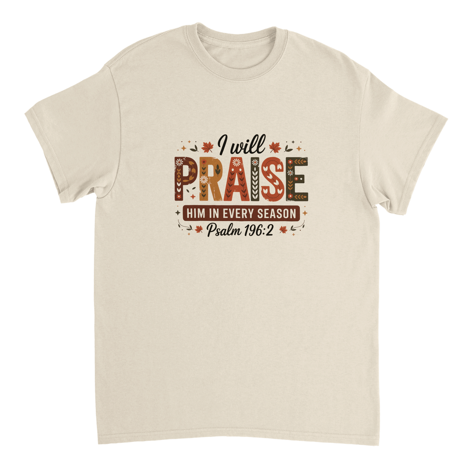 Praise Him in Every Season T-Shirt – Autumnal Folk Art Design, Heavyweight Cotton, Classic Fit, Durable Casual Wear - KPAP Canada