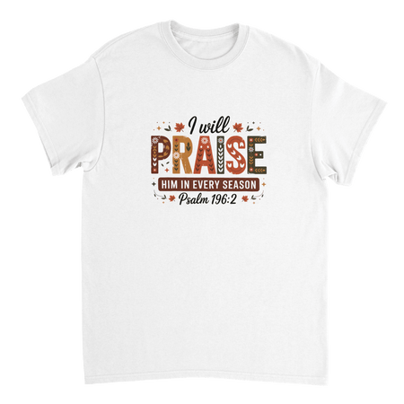 Praise Him in Every Season T-Shirt – Autumnal Folk Art Design, Heavyweight Cotton, Classic Fit, Durable Casual Wear - KPAP Canada