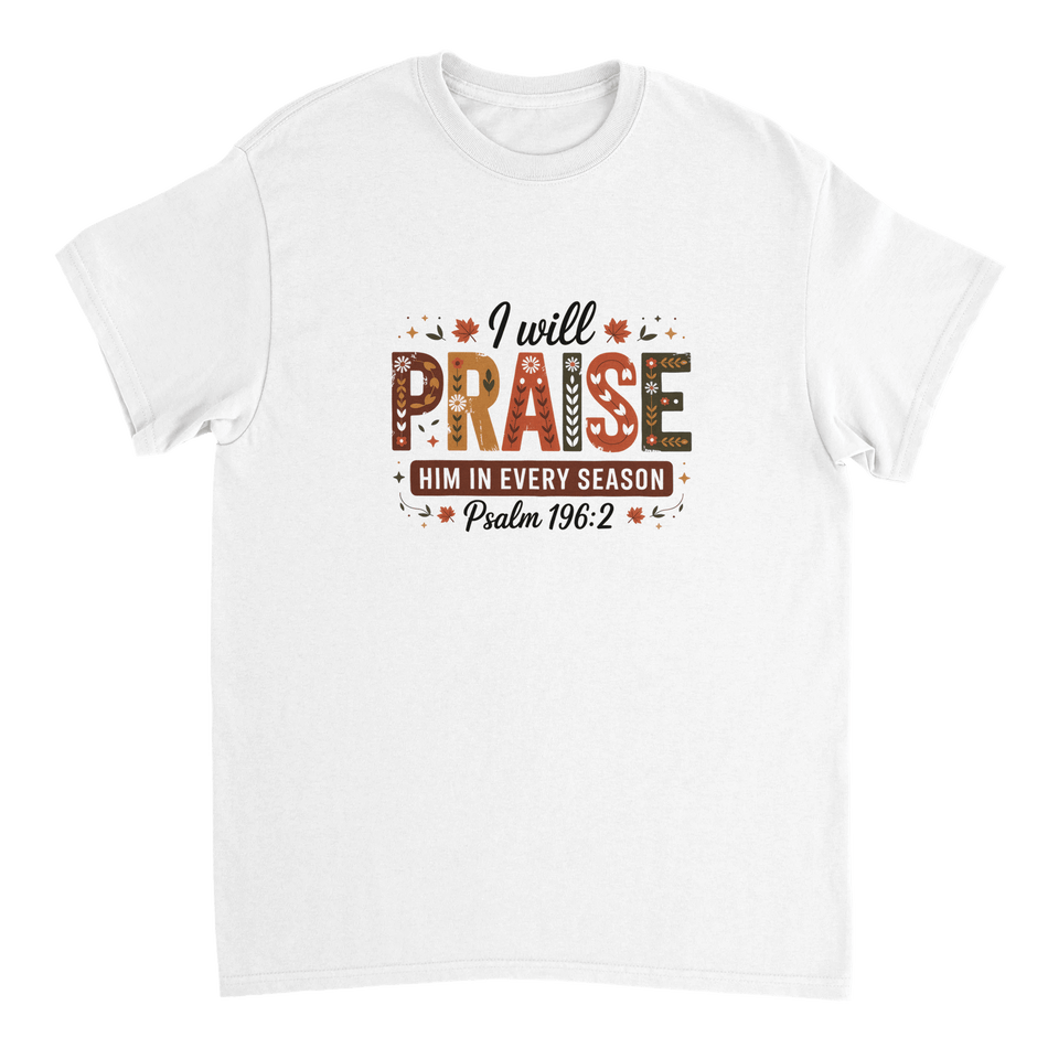 Praise Him in Every Season T-Shirt – Autumnal Folk Art Design, Heavyweight Cotton, Classic Fit, Durable Casual Wear - KPAP Canada