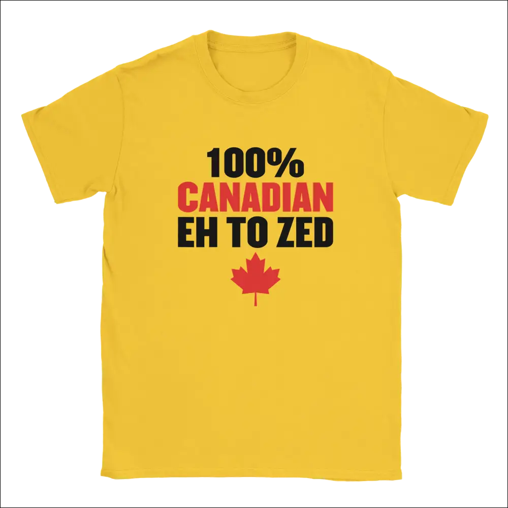 Bright yellow 100% Canadian Eh to Zed t-shirt with red maple leaf