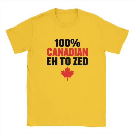 Bright yellow 100% Canadian Eh to Zed t-shirt with red maple leaf