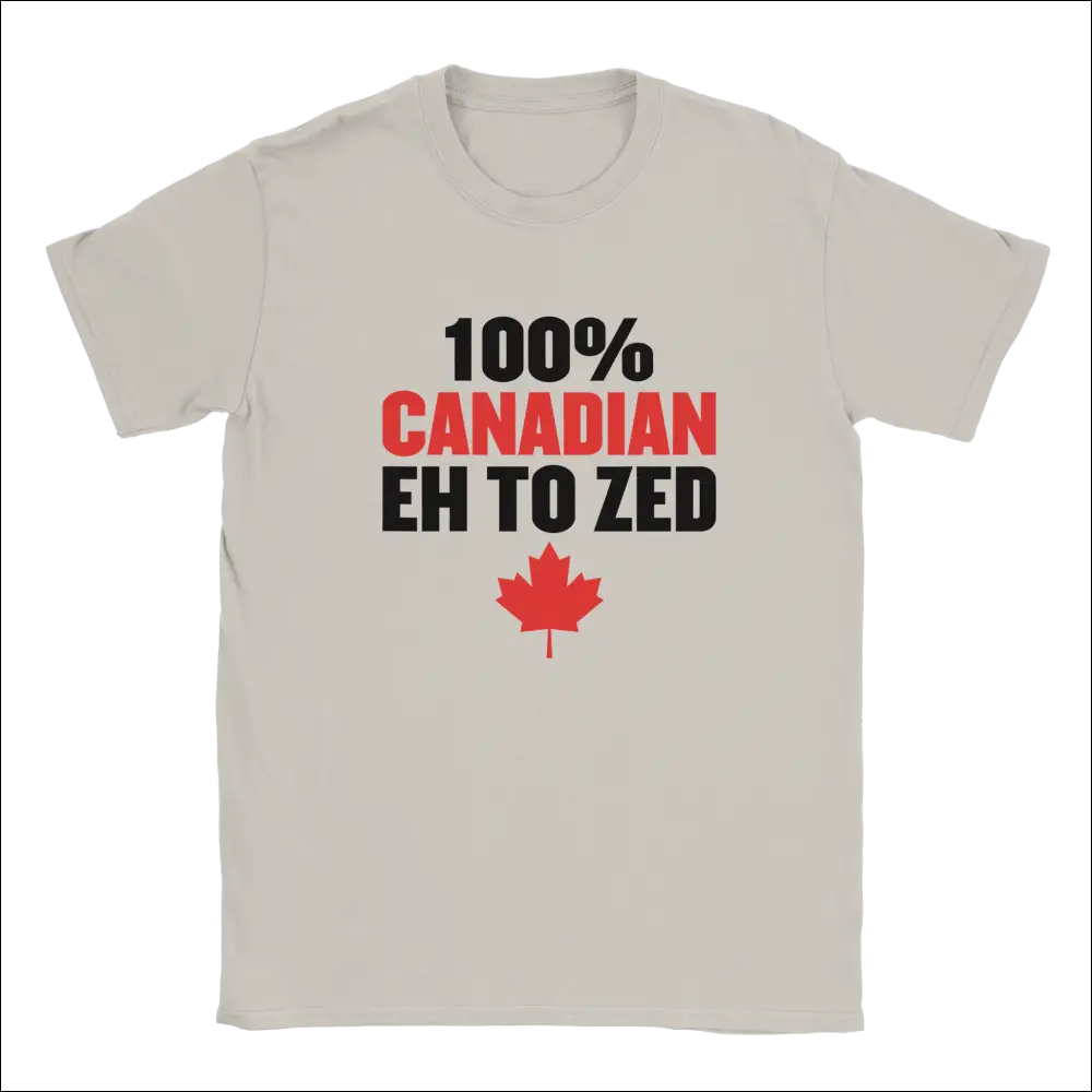 Off-white cotton t-shirt with 100% Canadian Eh to Zed text and red maple leaf