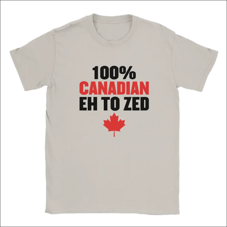 Off-white cotton t-shirt with 100% Canadian Eh to Zed text and red maple leaf