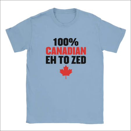 Light blue 100% Canadian Eh to Zed t-shirt with maple leaf
