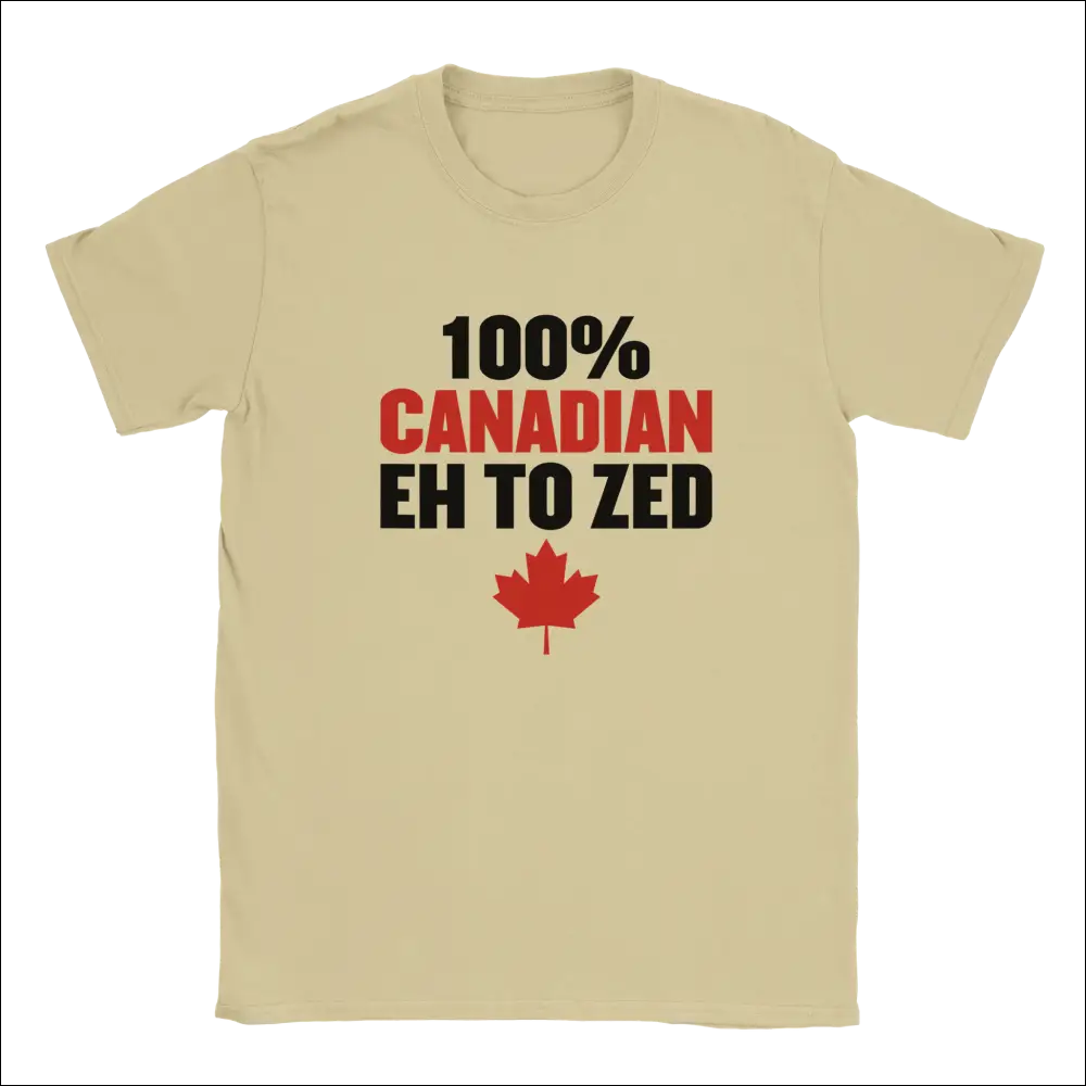 Beige short-sleeved 100% Canadian Eh to Z t-shirt with red maple leaf