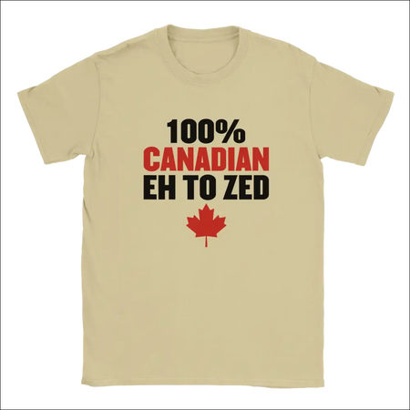 Beige short-sleeved 100% Canadian Eh to Z t-shirt with red maple leaf