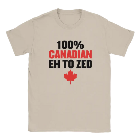 Beige short-sleeved 100% Canadian Eh to Z t-shirt with red maple leaf