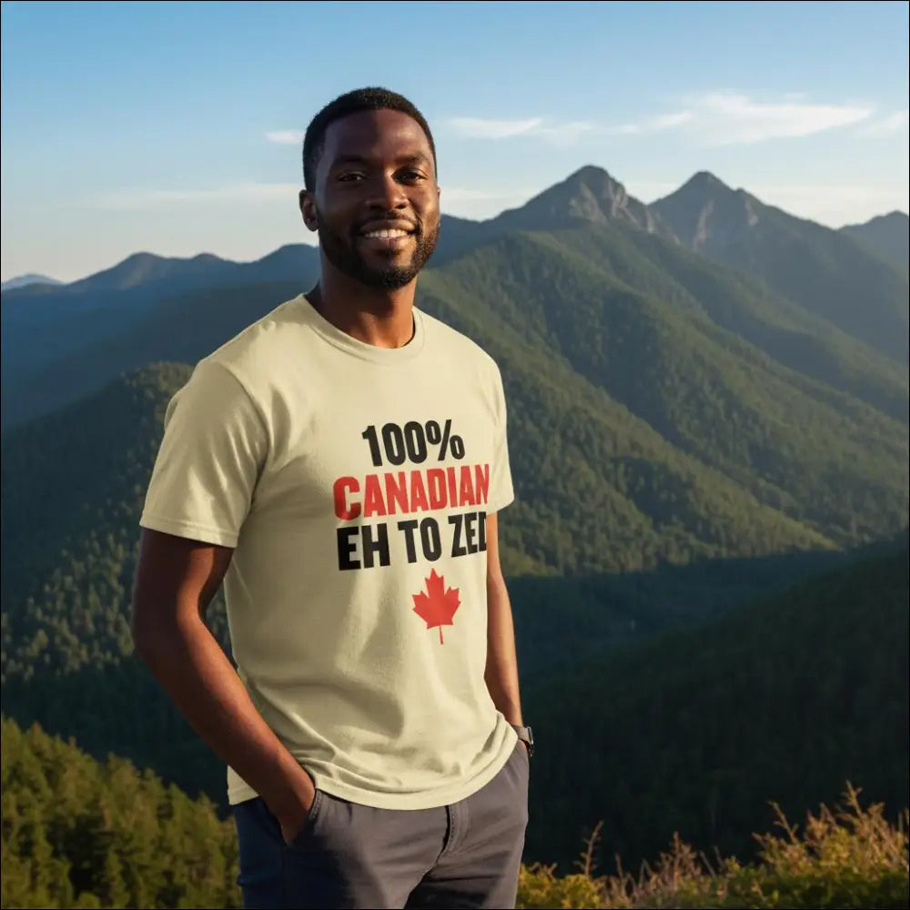 Cream-colored 100% Canadian Eh to Z t-shirt with red maple leaf