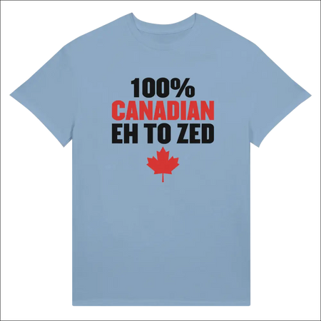 Light blue 100% Canadian Eh to Zed unisex cotton t-shirt with red maple leaf