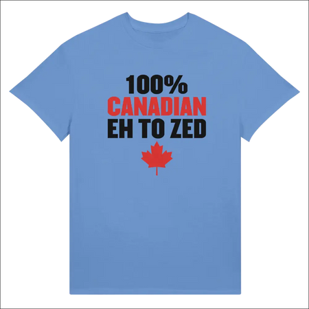 Light blue unisex cotton t-shirt with 100% Canadian Eh to Zed text and red maple leaf