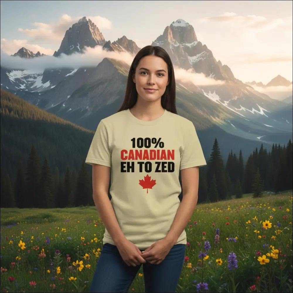 100% Canadian Eh to Zed unisex cotton t-shirt with maple leaf