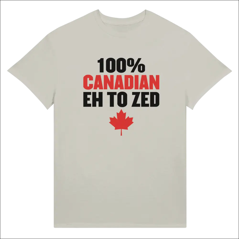 100% Canadian Eh to Zed unisex cotton t-shirt with red maple leaf