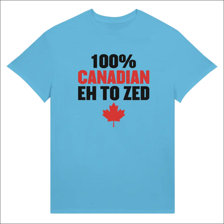 Light blue 100% Canadian Eh to Zed unisex cotton t-shirt with red maple leaf