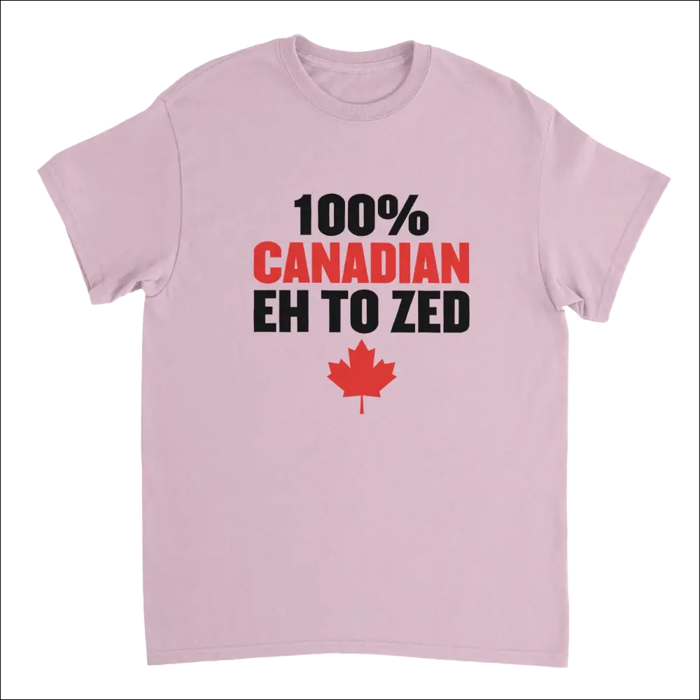 Light pink 100% Canadian Eh to Zed t-shirt with maple leaf