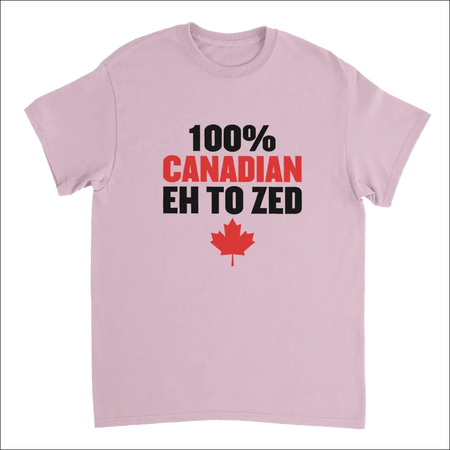 Light pink 100% Canadian Eh to Zed t-shirt with maple leaf