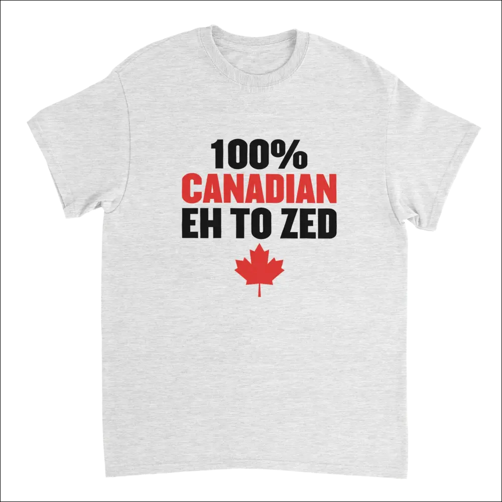 Heather gray 100% Canadian Eh to Zed t-shirt with red maple leaf