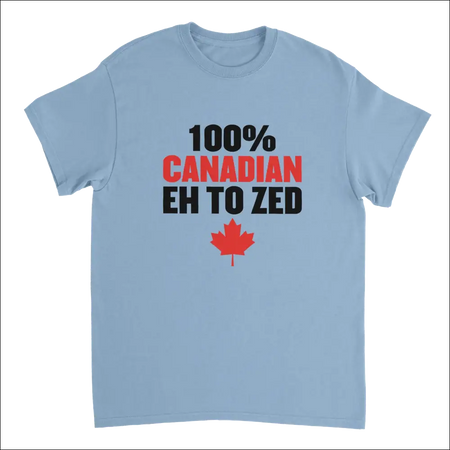 Light blue short-sleeved 100% Canadian Eh to Zed t-shirt with red maple leaf