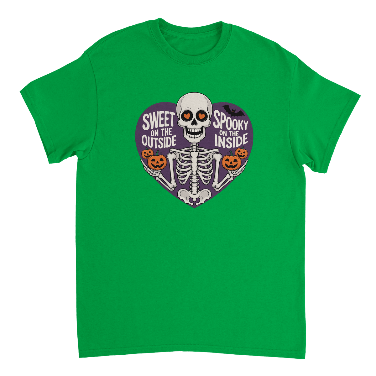 Sweet on the Outside, Spooky on the Inside Skeleton T-Shirt – Heart Eyes & Pumpkins, Heavyweight Cotton Tee - KPAP Canada