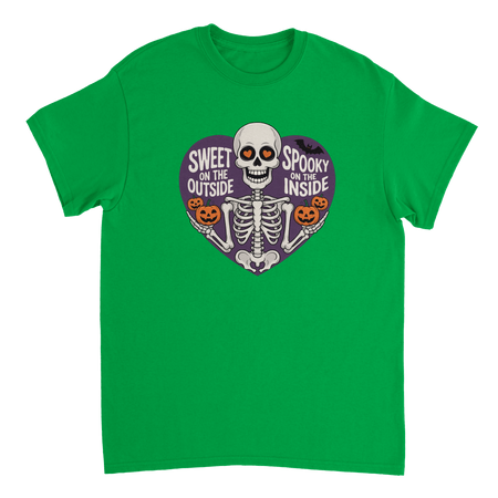Sweet on the Outside, Spooky on the Inside Skeleton T-Shirt – Heart Eyes & Pumpkins, Heavyweight Cotton Tee - KPAP Canada