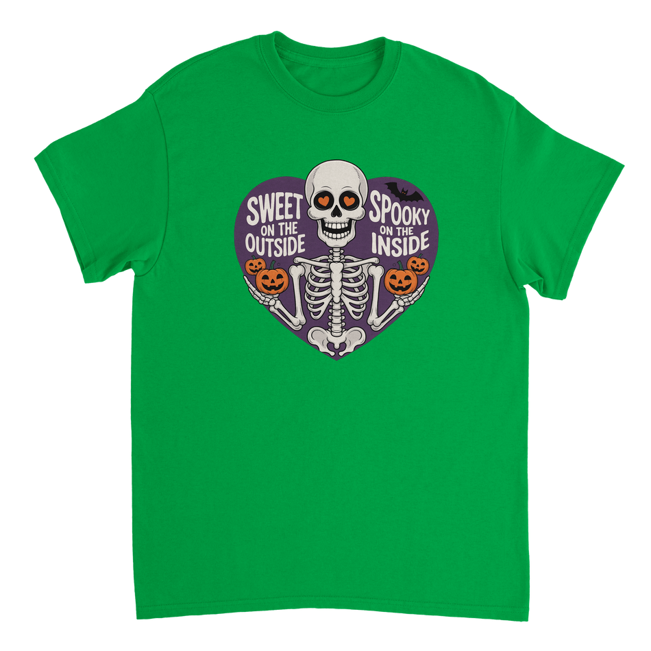 Sweet on the Outside, Spooky on the Inside Skeleton T-Shirt – Heart Eyes & Pumpkins, Heavyweight Cotton Tee - KPAP Canada