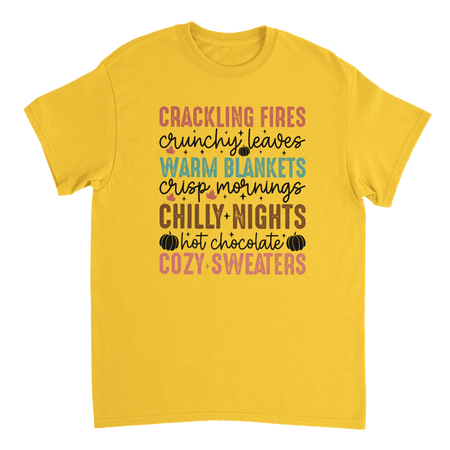 Autumn Comforts T-Shirt – Crackling Fires, Crunchy Leaves, Cozy Sweaters | Heavyweight Cotton Tee in Various Colors - KPAP Canada