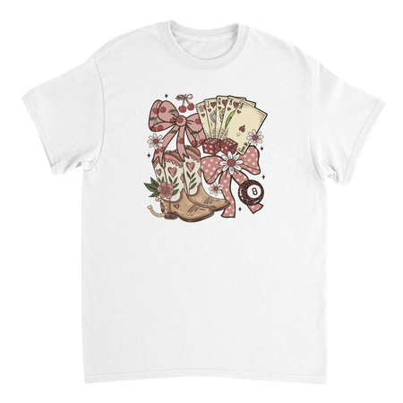Country Charm T-Shirt – Western Boho, Lucky Dice & Boots Graphic Tee, Classic Fit, Premium Cotton - KPAP Canada