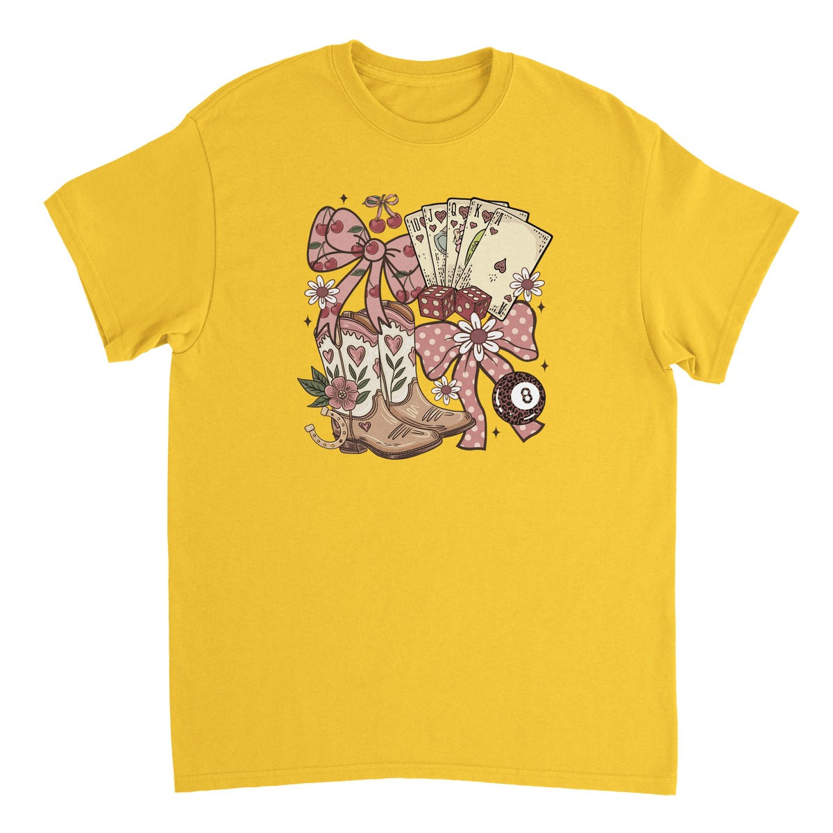 Country Charm T-Shirt – Western Boho, Lucky Dice & Boots Graphic Tee, Classic Fit, Premium Cotton - KPAP Canada