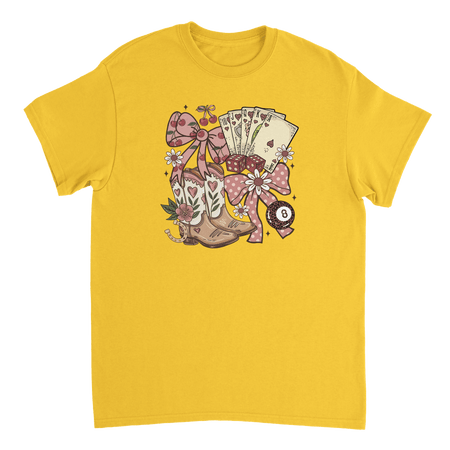 Country Charm T-Shirt – Western Boho, Lucky Dice & Boots Graphic Tee, Classic Fit, Premium Cotton - KPAP Canada