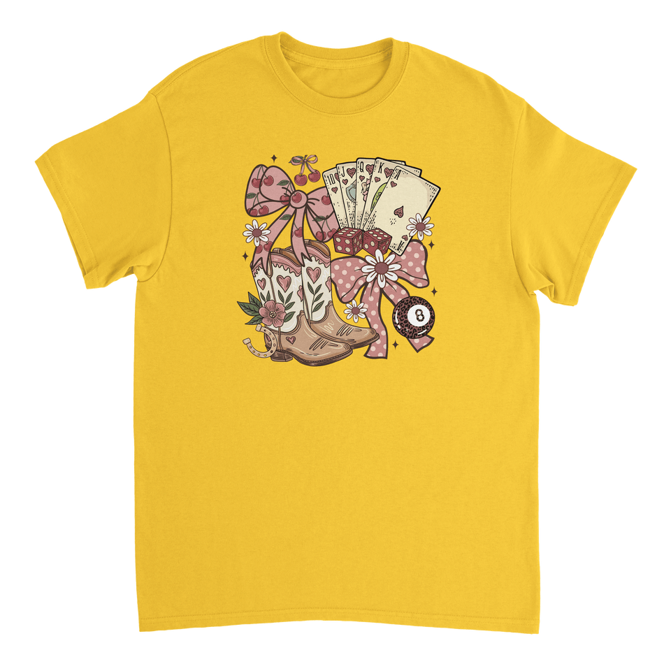 Country Charm T-Shirt – Western Boho, Lucky Dice & Boots Graphic Tee, Classic Fit, Premium Cotton - KPAP Canada