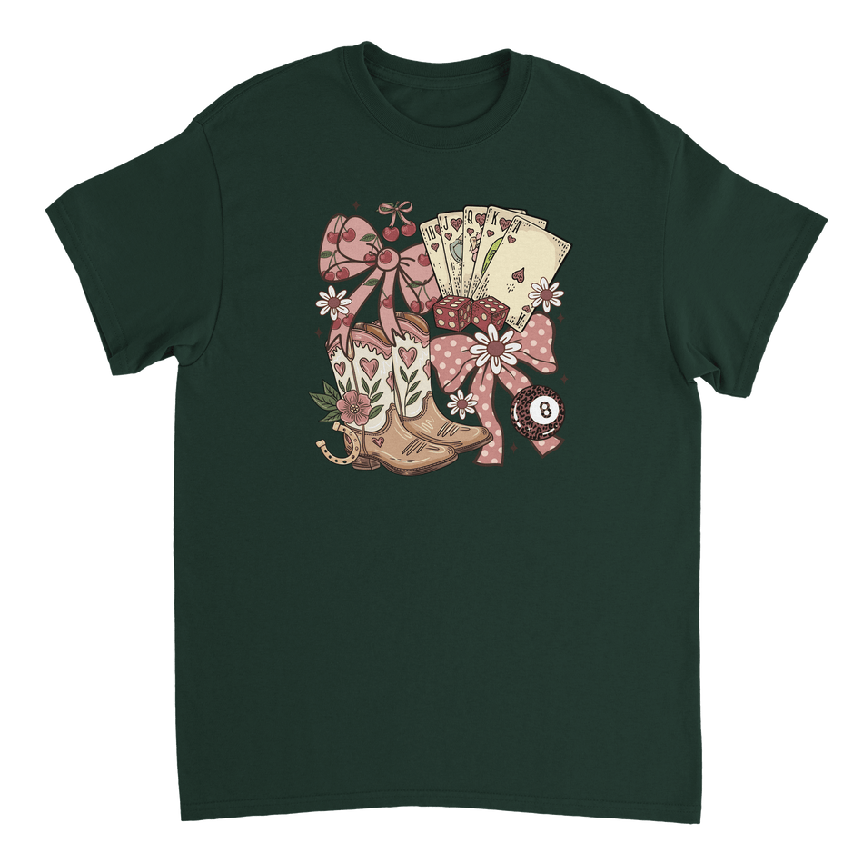 Country Charm T-Shirt – Western Boho, Lucky Dice & Boots Graphic Tee, Classic Fit, Premium Cotton - KPAP Canada