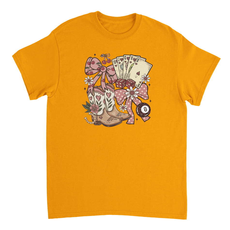 Country Charm T-Shirt – Western Boho, Lucky Dice & Boots Graphic Tee, Classic Fit, Premium Cotton - KPAP Canada