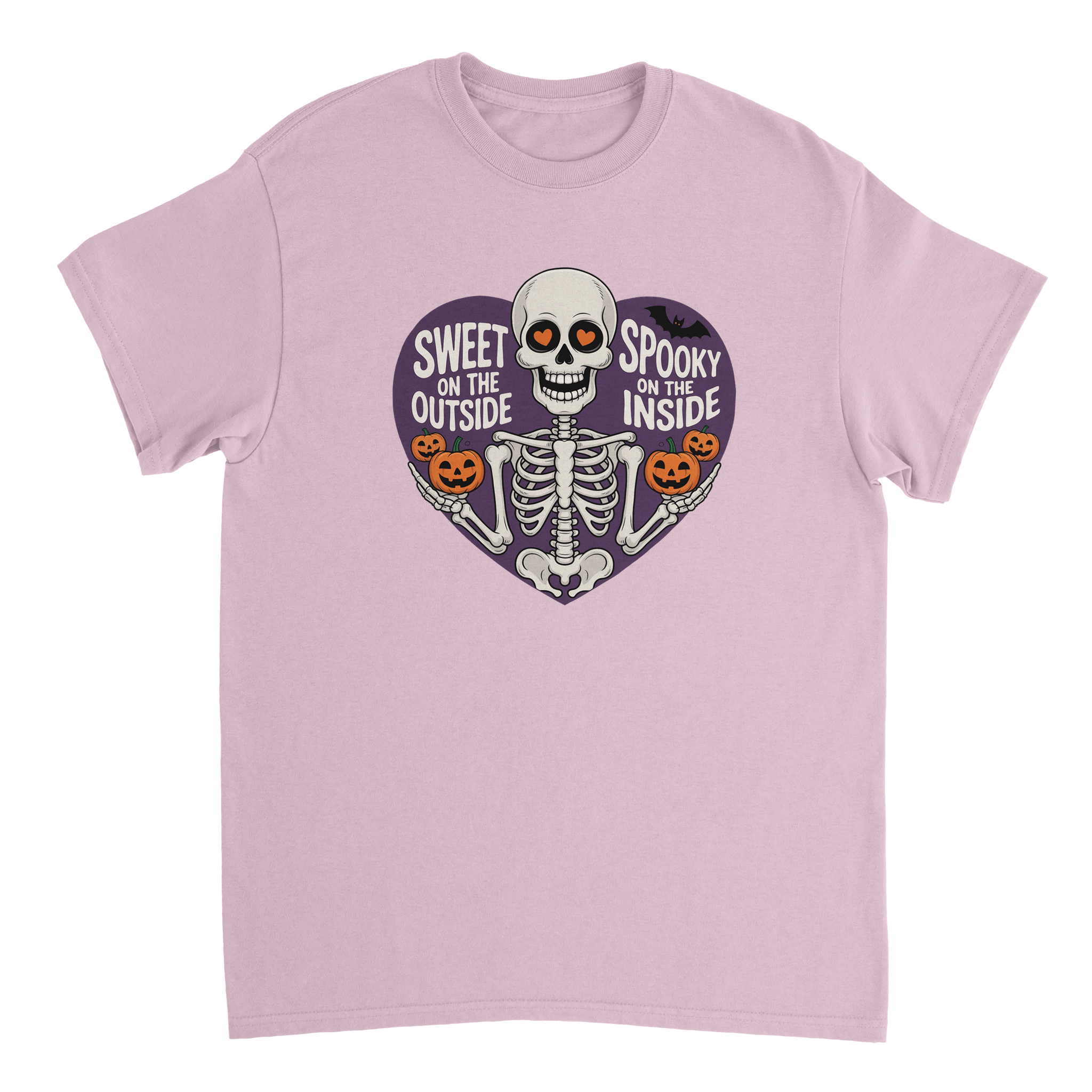 Sweet on the Outside, Spooky on the Inside Skeleton T-Shirt – Heart Eyes & Pumpkins, Heavyweight Cotton Tee - KPAP Canada