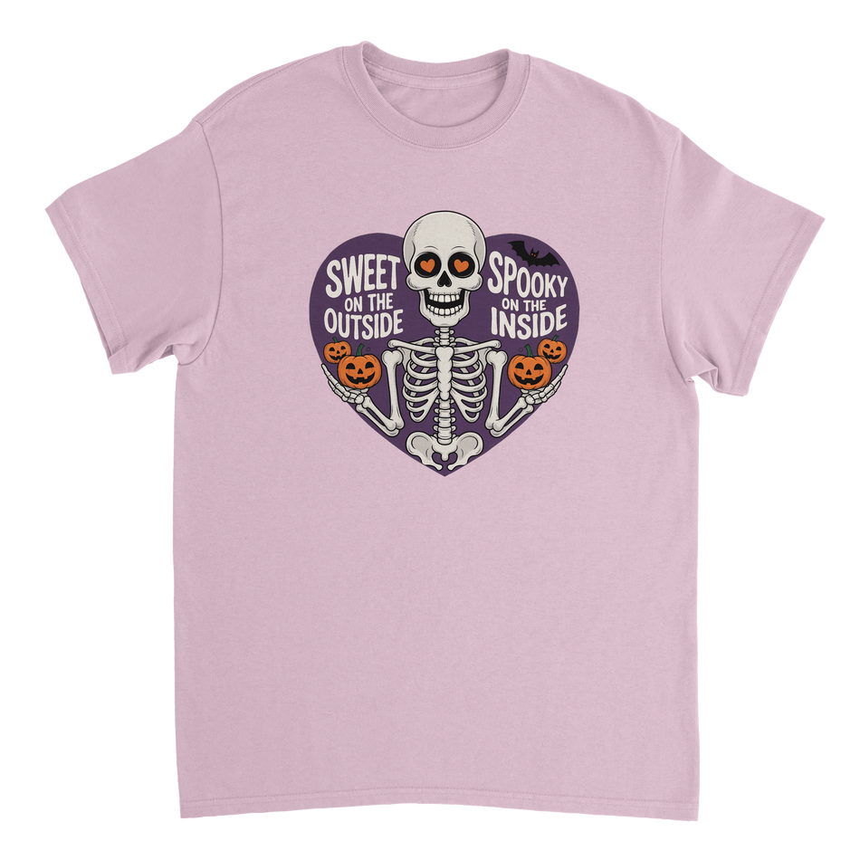Sweet on the Outside, Spooky on the Inside Skeleton T-Shirt – Heart Eyes & Pumpkins, Heavyweight Cotton Tee - KPAP Canada