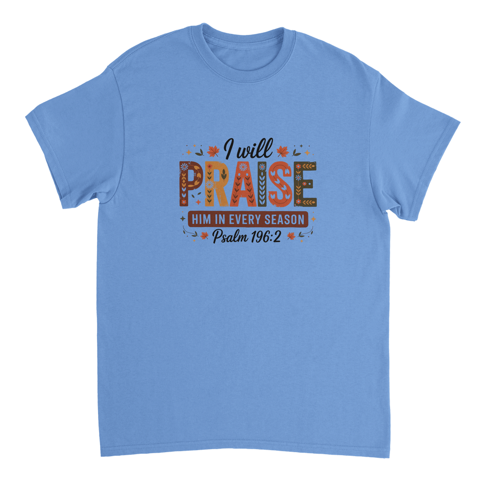 Praise Him in Every Season T-Shirt – Autumnal Folk Art Design, Heavyweight Cotton, Classic Fit, Durable Casual Wear - KPAP Canada
