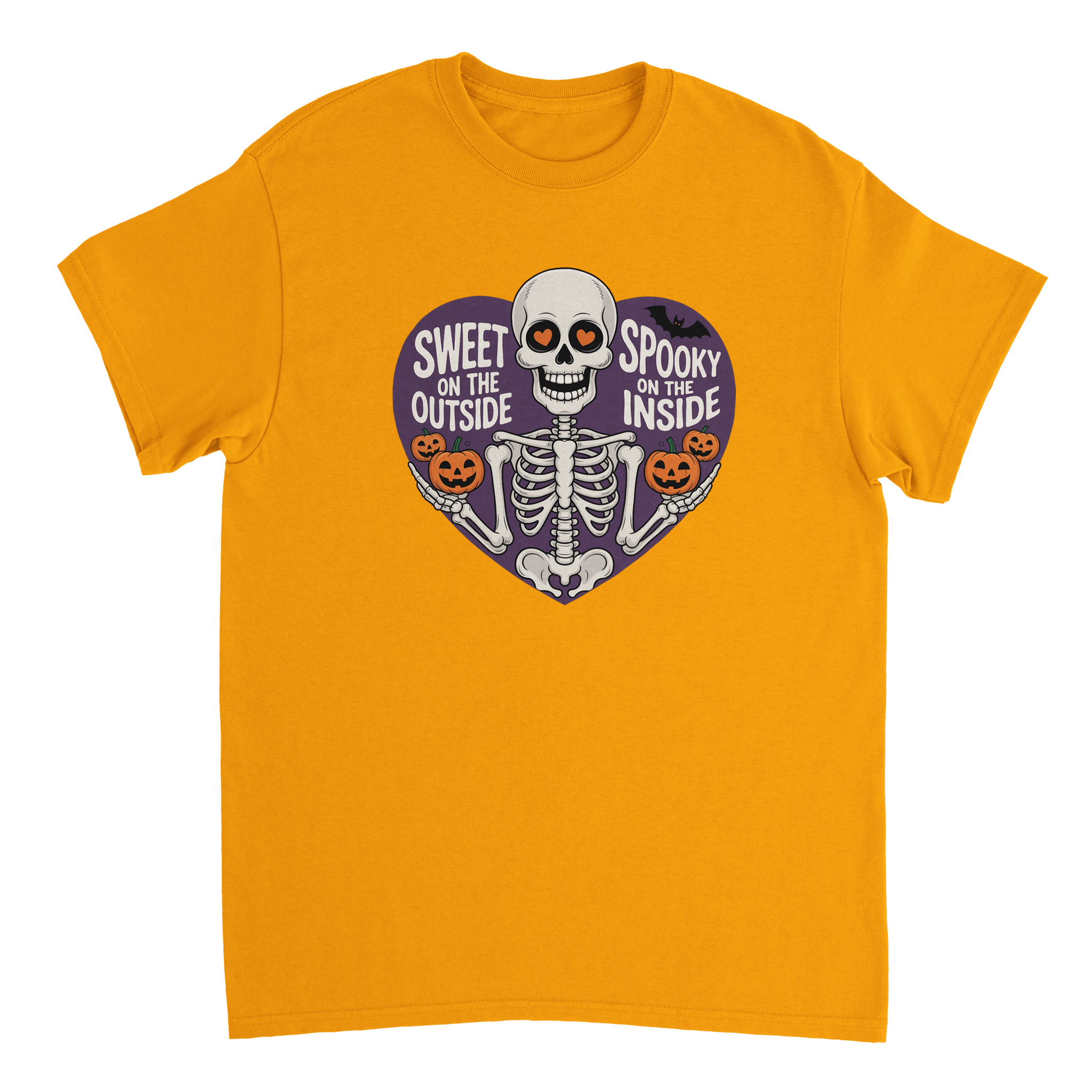Sweet on the Outside, Spooky on the Inside Skeleton T-Shirt – Heart Eyes & Pumpkins, Heavyweight Cotton Tee - KPAP Canada