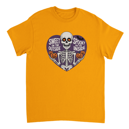 Sweet on the Outside, Spooky on the Inside Skeleton T-Shirt – Heart Eyes & Pumpkins, Heavyweight Cotton Tee - KPAP Canada