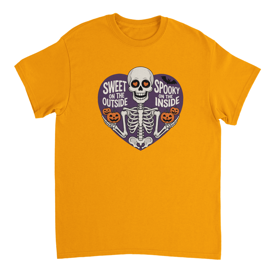 Sweet on the Outside, Spooky on the Inside Skeleton T-Shirt – Heart Eyes & Pumpkins, Heavyweight Cotton Tee - KPAP Canada