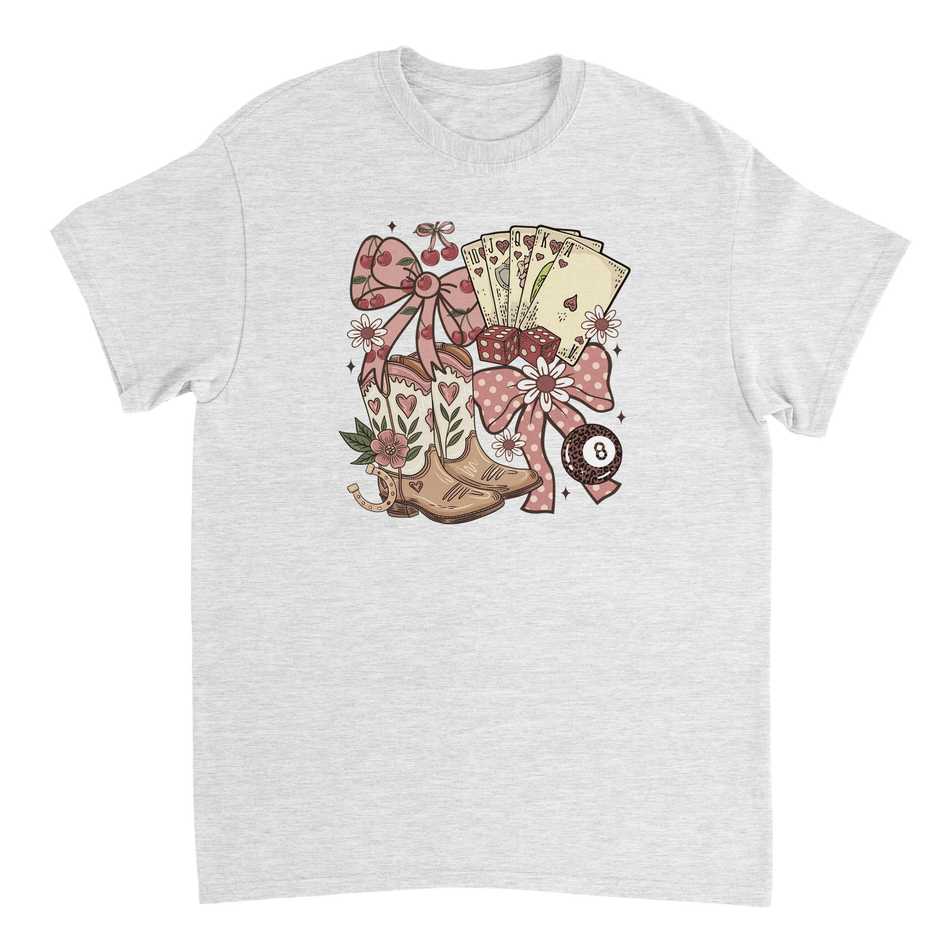 Country Charm T-Shirt – Western Boho, Lucky Dice & Boots Graphic Tee, Classic Fit, Premium Cotton - KPAP Canada