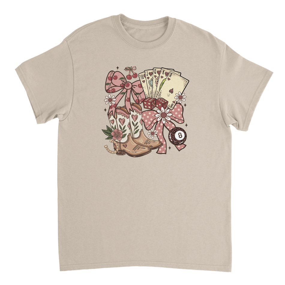Country Charm T-Shirt – Western Boho, Lucky Dice & Boots Graphic Tee, Classic Fit, Premium Cotton - KPAP Canada