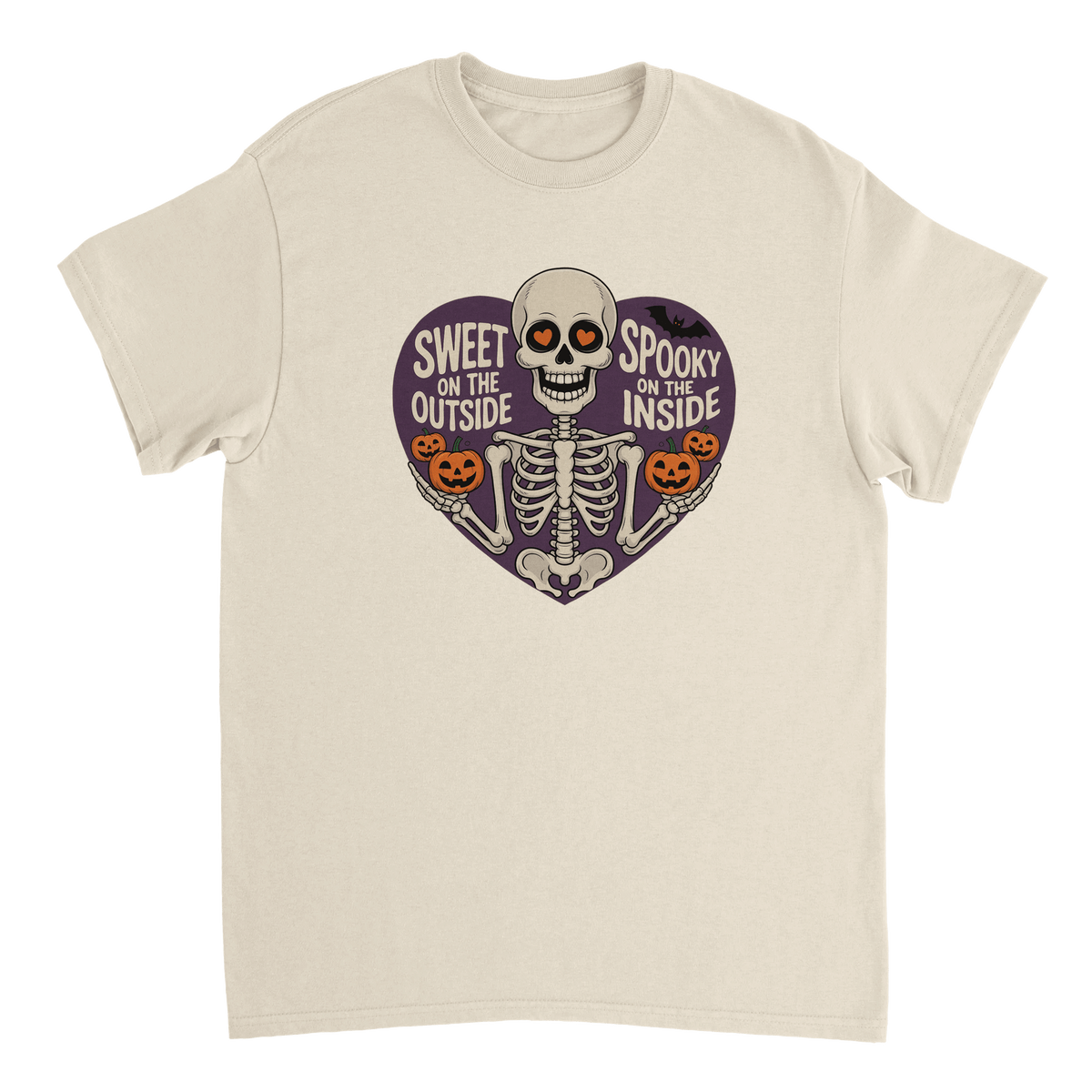 Sweet on the Outside, Spooky on the Inside Skeleton T-Shirt – Heart Eyes & Pumpkins, Heavyweight Cotton Tee - KPAP Canada