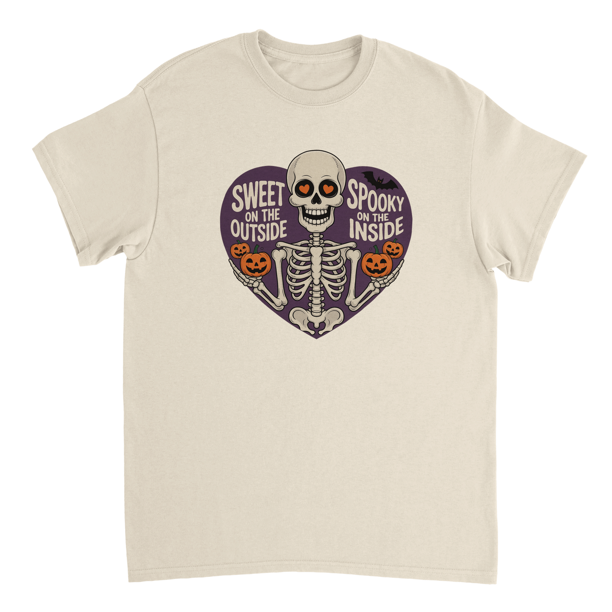 Sweet on the Outside, Spooky on the Inside Skeleton T-Shirt – Heart Eyes & Pumpkins, Heavyweight Cotton Tee - KPAP Canada