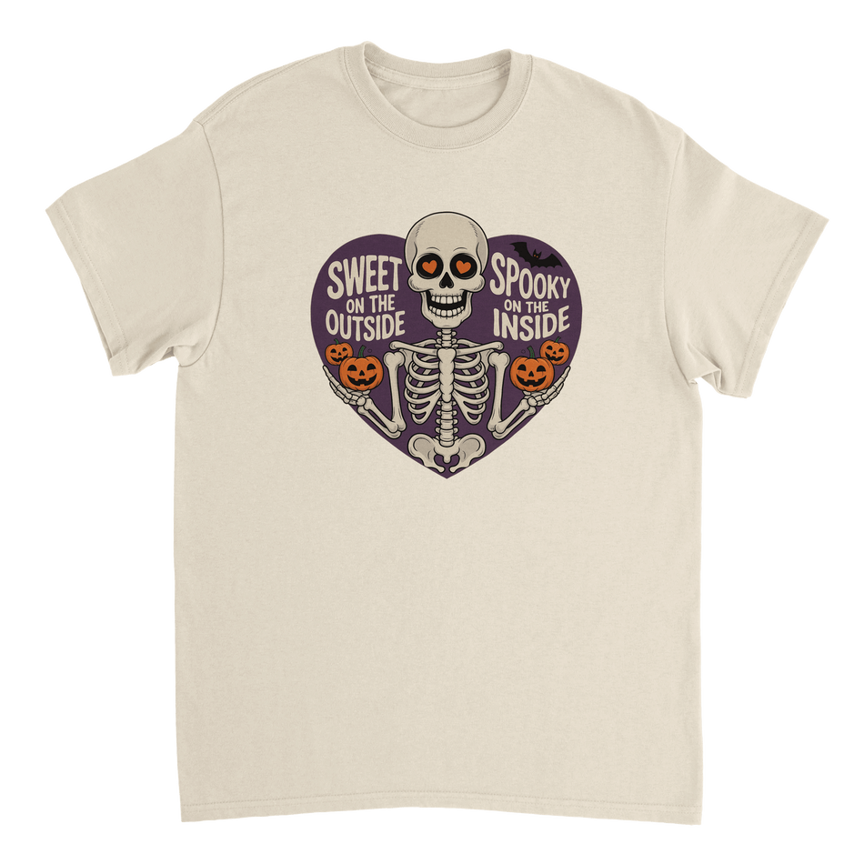 Sweet on the Outside, Spooky on the Inside Skeleton T-Shirt – Heart Eyes & Pumpkins, Heavyweight Cotton Tee - KPAP Canada