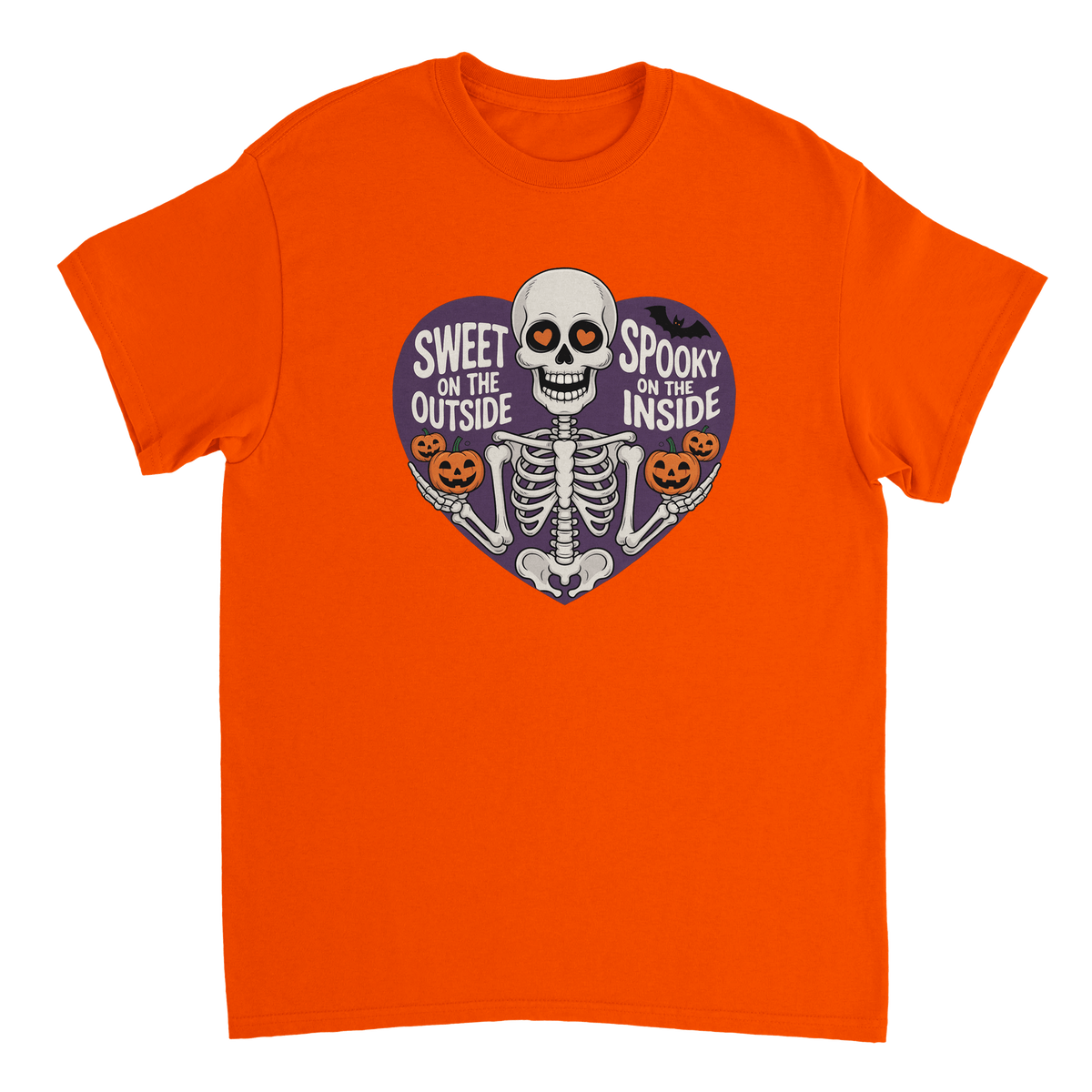 Sweet on the Outside, Spooky on the Inside Skeleton T-Shirt – Heart Eyes & Pumpkins, Heavyweight Cotton Tee - KPAP Canada