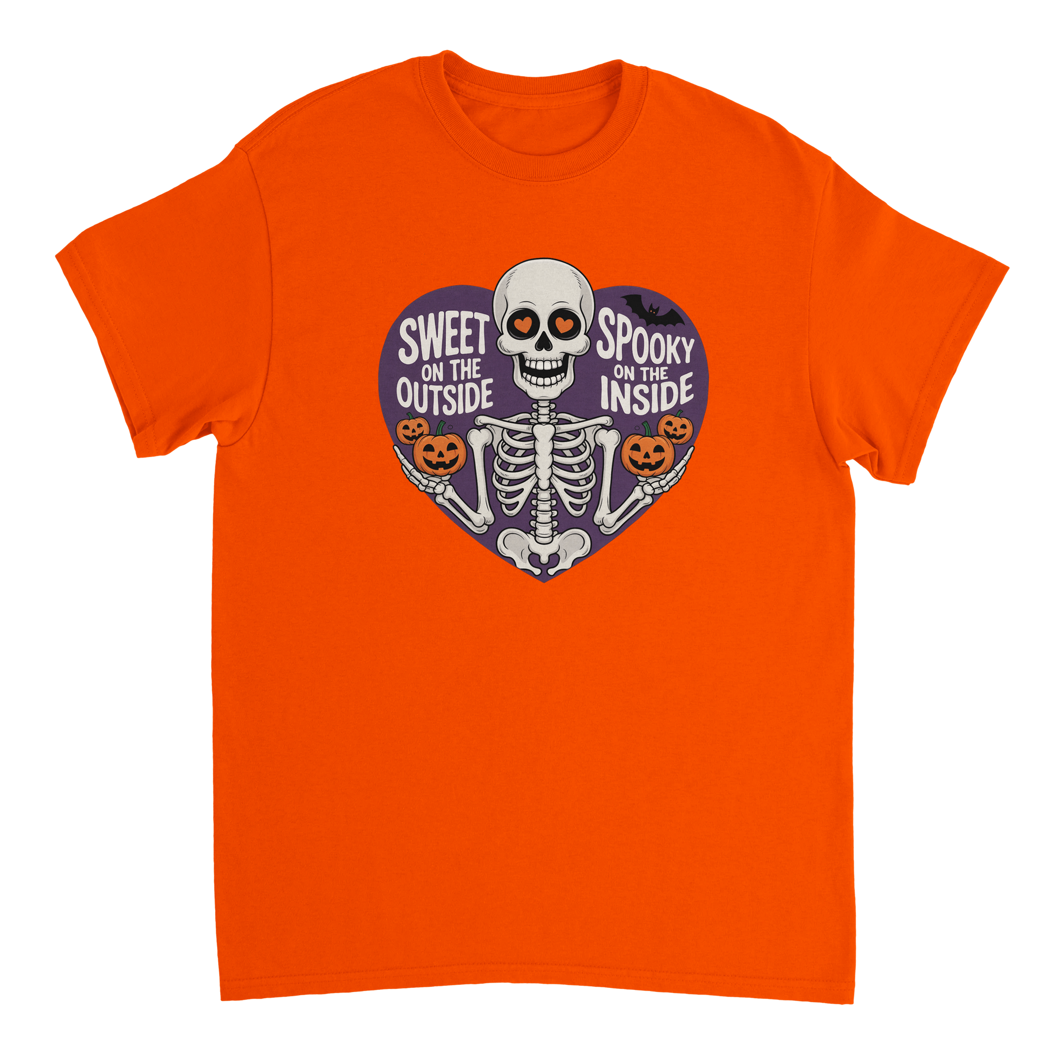 Sweet on the Outside, Spooky on the Inside Skeleton T-Shirt – Heart Eyes & Pumpkins, Heavyweight Cotton Tee - KPAP Canada